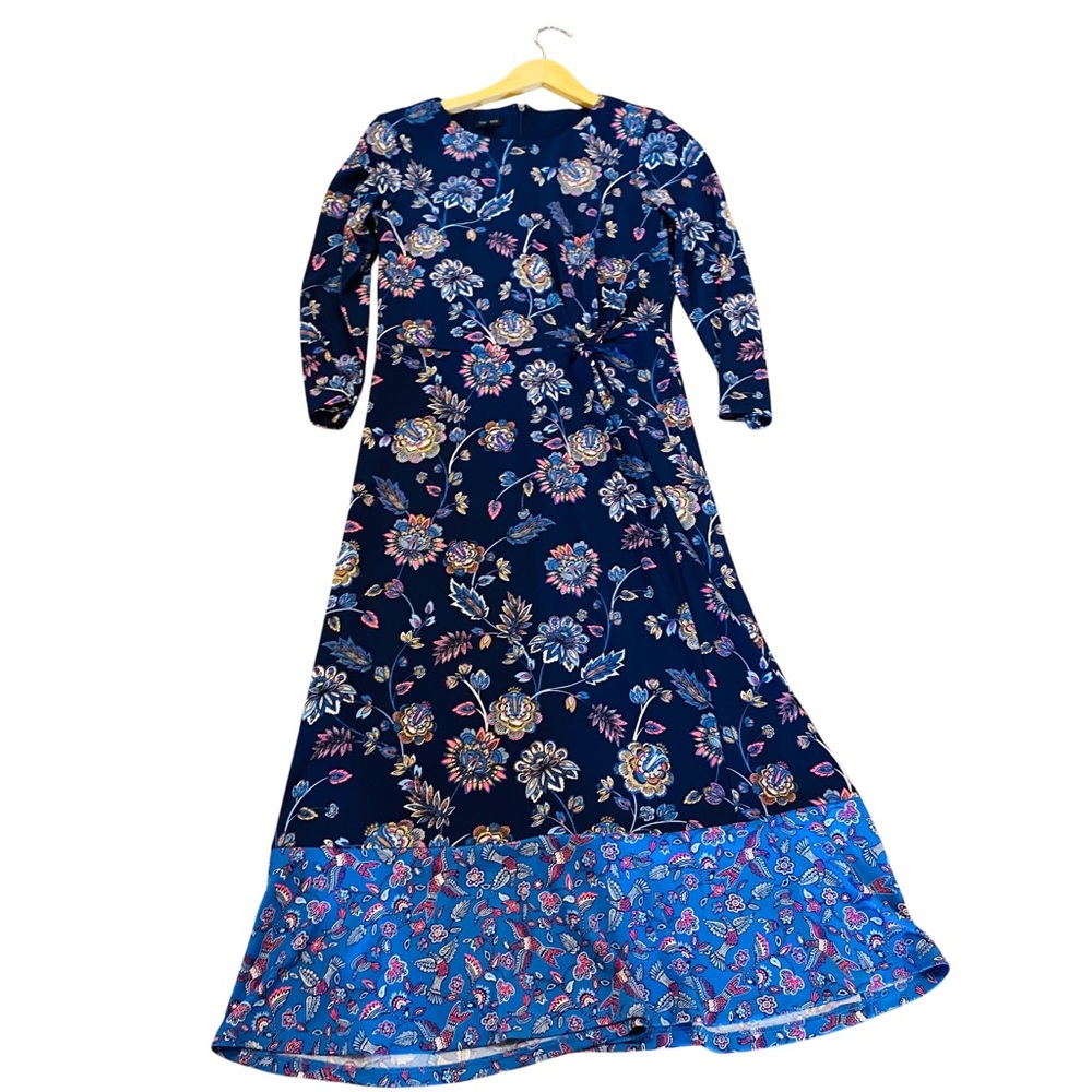 Talbots Blue Effortless Long Sleeve Paisley Midi Dress Womens Size 4 Knotted